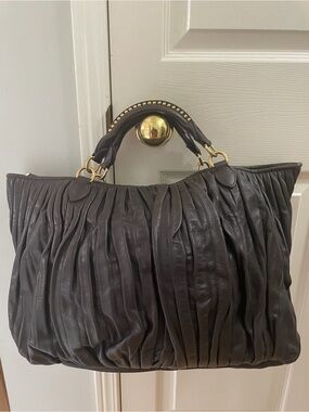 Miu Miu Black Ruched Leather Tote with Gold Hardware
